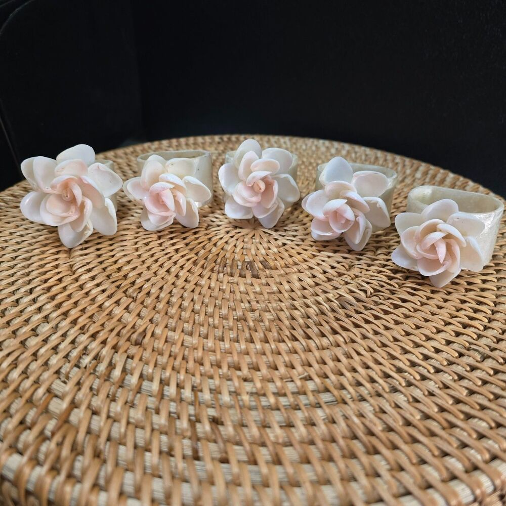70s Costal Capiz Shell Flower Napkin Rings Set of 5